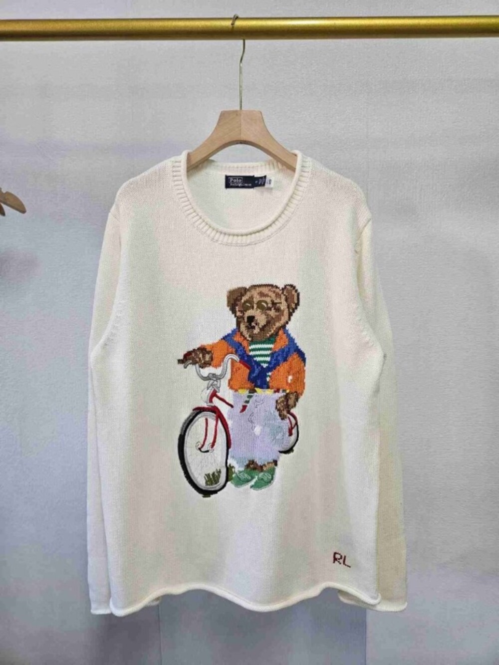 Polo by Ralph Lauren Cream Crewneck Sweater with Bear-on-Bike Graphic